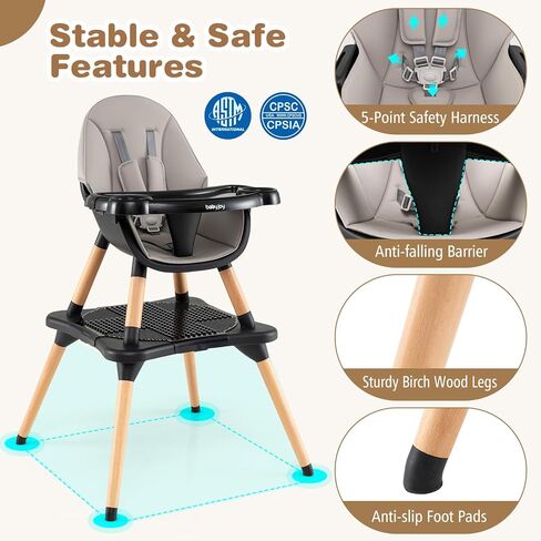 BABY JOY 5 in 1 High Chair, Convertible High Chairs for Babies and Toddlers/Booster Seat/Table and Chair Set, Infant Wooden Highchair w/ 5-Point Harness, 4-Position Removable Tray & PU Cushion, Gray in Kuwait