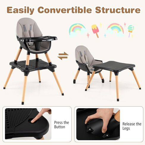 BABY JOY 5 in 1 High Chair, Convertible High Chairs for Babies and Toddlers/Booster Seat/Table and Chair Set, Infant Wooden Highchair w/ 5-Point Harness, 4-Position Removable Tray & PU Cushion, Gray in Kuwait