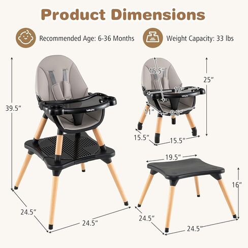 BABY JOY 5 in 1 High Chair, Convertible High Chairs for Babies and Toddlers/Booster Seat/Table and Chair Set, Infant Wooden Highchair w/ 5-Point Harness, 4-Position Removable Tray & PU Cushion, Gray in Kuwait