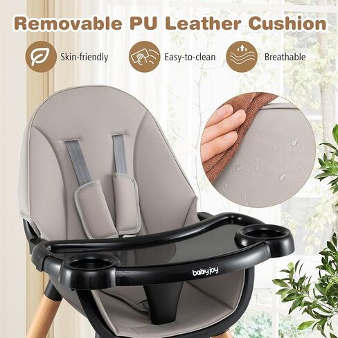 BABY JOY 5 in 1 High Chair, Convertible High Chairs for Babies and Toddlers/Booster Seat/Table and Chair Set, Infant Wooden Highchair w/ 5-Point Harness, 4-Position Removable Tray & PU Cushion, Gray in Kuwait