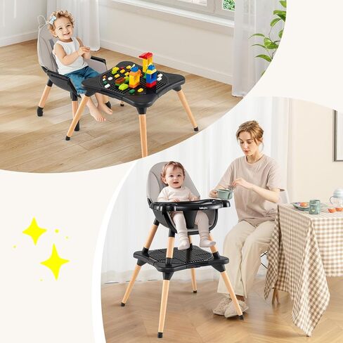BABY JOY 5 in 1 High Chair, Convertible High Chairs for Babies and Toddlers/Booster Seat/Table and Chair Set, Infant Wooden Highchair w/ 5-Point Harness, 4-Position Removable Tray & PU Cushion, Gray in Kuwait