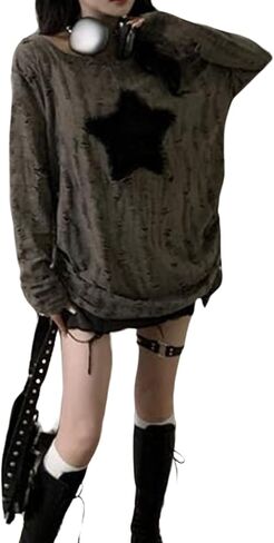 Long Sleeve Tops Star Tops Off The Shoulder Tops Ripped Shirt Emo Tops Grunge Tops Y2k Tops Goth Clothes in Kuwait