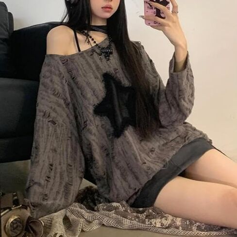 Long Sleeve Tops Star Tops Off The Shoulder Tops Ripped Shirt Emo Tops Grunge Tops Y2k Tops Goth Clothes in Kuwait