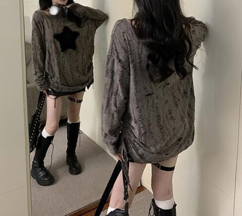 Long Sleeve Tops Star Tops Off The Shoulder Tops Ripped Shirt Emo Tops Grunge Tops Y2k Tops Goth Clothes in Kuwait