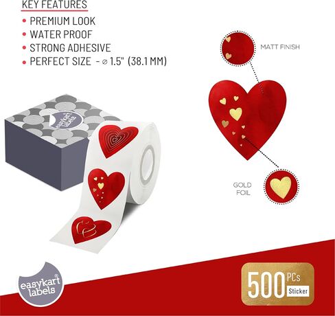 500 لون أحمر على شكل قلب 1.5 بوصة مع ملصقات معدنية ذهبية خاصة | 3 تصاميم مختلفة في لفة واحدة | مناسبة لملصقات تزيين الحفلات. in Saudi Arabia