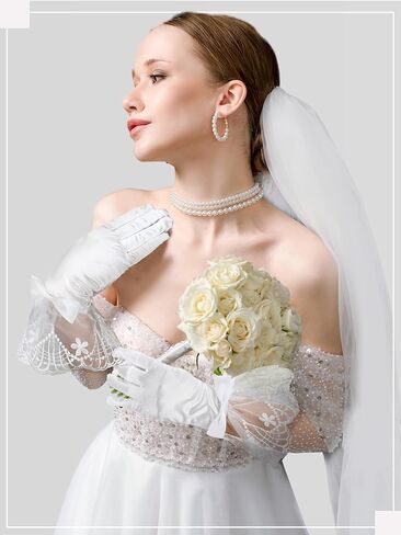 4 Pairs White Tea Party Gloves for Women Lace Satin Tulle Gloves with Pearl for Wedding Banquet Elegant Summer in Saudi Arabia