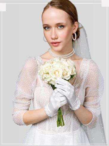 4 Pairs White Tea Party Gloves for Women Lace Satin Tulle Gloves with Pearl for Wedding Banquet Elegant Summer in Saudi Arabia