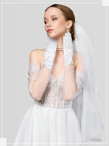 4 Pairs White Tea Party Gloves for Women Lace Satin Tulle Gloves with Pearl for Wedding Banquet Elegant Summer in Saudi Arabia