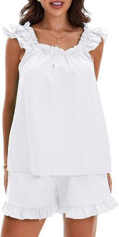Womens Summer Ruffle 2 Piece Set Solid Color Sleeveless Backless Pajamas Sets Cute Trim Cami and Casual Shorts Set in Saudi Arabia