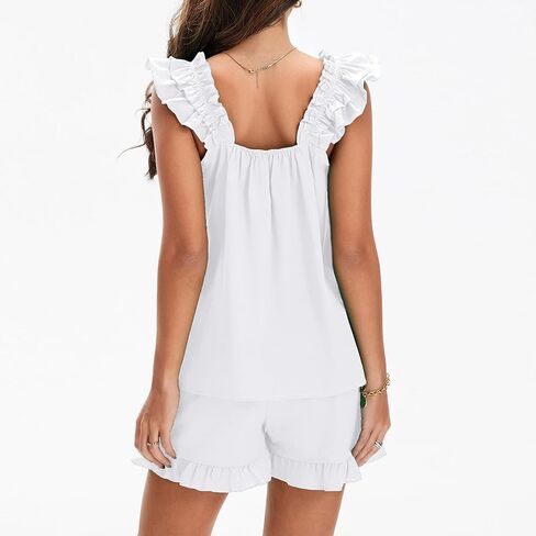 Womens Summer Ruffle 2 Piece Set Solid Color Sleeveless Backless Pajamas Sets Cute Trim Cami and Casual Shorts Set in Saudi Arabia