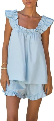 Womens Summer Ruffle 2 Piece Set Solid Color Sleeveless Backless Pajamas Sets Cute Trim Cami and Casual Shorts Set in Saudi Arabia