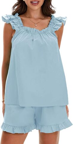 Womens Summer Ruffle 2 Piece Set Solid Color Sleeveless Backless Pajamas Sets Cute Trim Cami and Casual Shorts Set in Saudi Arabia