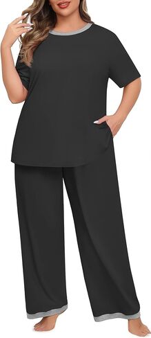 Lastshe Womens Plus Size Pajama Set 2 Piece Short Sleeve Pants Sleepwear Pjs Lounge Set Knit Soft with Pockets in Kuwait