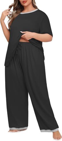 Lastshe Womens Plus Size Pajama Set 2 Piece Short Sleeve Pants Sleepwear Pjs Lounge Set Knit Soft with Pockets in Kuwait