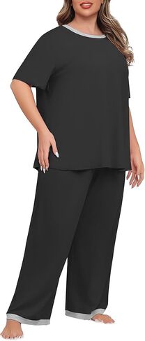 Lastshe Womens Plus Size Pajama Set 2 Piece Short Sleeve Pants Sleepwear Pjs Lounge Set Knit Soft with Pockets in Kuwait