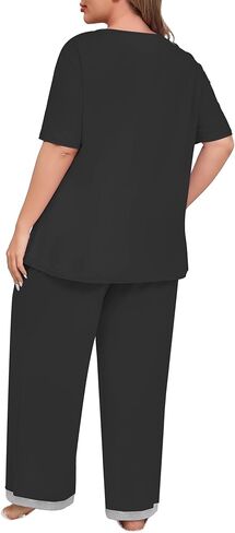 Lastshe Womens Plus Size Pajama Set 2 Piece Short Sleeve Pants Sleepwear Pjs Lounge Set Knit Soft with Pockets in Kuwait