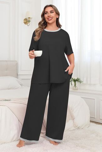 Lastshe Womens Plus Size Pajama Set 2 Piece Short Sleeve Pants Sleepwear Pjs Lounge Set Knit Soft with Pockets in Kuwait