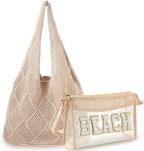 Aliceset 2 Pack Crochet Mesh Beach Tote Bag with Letter Patch Pocket Summer Beach Tote Bohemian Straw Transparent Bag in Kuwait