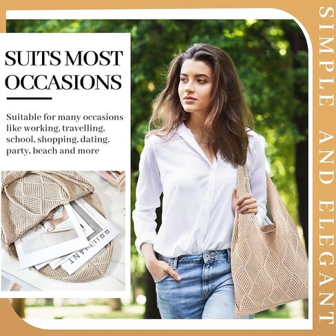 Aliceset 2 Pack Crochet Mesh Beach Tote Bag with Letter Patch Pocket Summer Beach Tote Bohemian Straw Transparent Bag in Kuwait