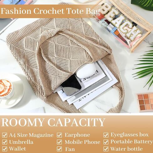 Aliceset 2 Pack Crochet Mesh Beach Tote Bag with Letter Patch Pocket Summer Beach Tote Bohemian Straw Transparent Bag in Kuwait