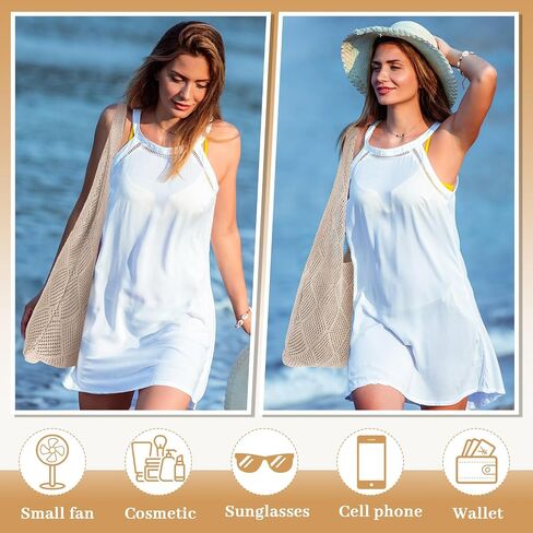 Aliceset 2 Pack Crochet Mesh Beach Tote Bag with Letter Patch Pocket Summer Beach Tote Bohemian Straw Transparent Bag in Kuwait