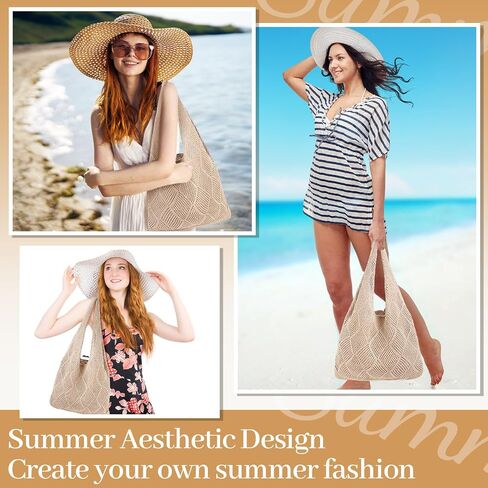 Aliceset 2 Pack Crochet Mesh Beach Tote Bag with Letter Patch Pocket Summer Beach Tote Bohemian Straw Transparent Bag in Kuwait