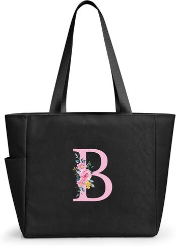 KALIDI Personalized Beach Tote Bag, Initial Alphabet Gift Zipper Grocery Bag for Mom Teacher Friend Wedding Daily Shopping in Saudi Arabia