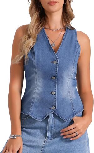Allegra K V Neck Denim Vest for Women's Sleeveless Button Down Jean Waistcoat Fashion Casual Jacket in Kuwait