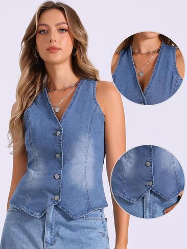 Allegra K V Neck Denim Vest for Women's Sleeveless Button Down Jean Waistcoat Fashion Casual Jacket in Kuwait