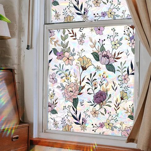 Wildflower Window Privacy Film 3D Stained Glass Sticker Static Cling Sun Blocking Window Coverings for Glass Door and Home Decor, Non-Adhesive 17.7" x 43.3" in Saudi Arabia
