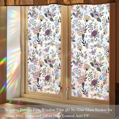Wildflower Window Privacy Film 3D Stained Glass Sticker Static Cling Sun Blocking Window Coverings for Glass Door and Home Decor, Non-Adhesive 17.7" x 43.3" in Saudi Arabia