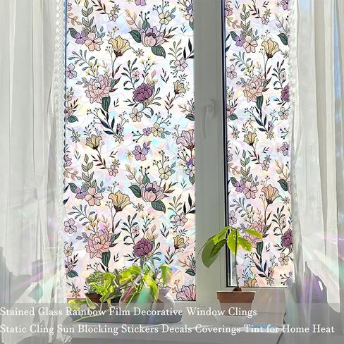 Wildflower Window Privacy Film 3D Stained Glass Sticker Static Cling Sun Blocking Window Coverings for Glass Door and Home Decor, Non-Adhesive 17.7" x 43.3" in Saudi Arabia