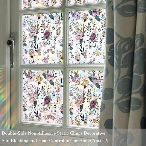 Wildflower Window Privacy Film 3D Stained Glass Sticker Static Cling Sun Blocking Window Coverings for Glass Door and Home Decor, Non-Adhesive 17.7" x 43.3" in Saudi Arabia