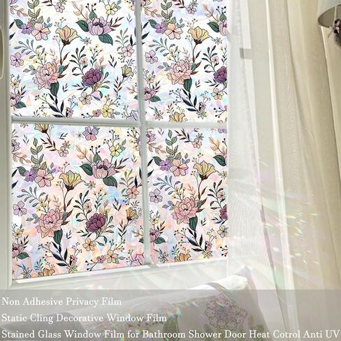 Wildflower Window Privacy Film 3D Stained Glass Sticker Static Cling Sun Blocking Window Coverings for Glass Door and Home Decor, Non-Adhesive 17.7" x 43.3" in Saudi Arabia