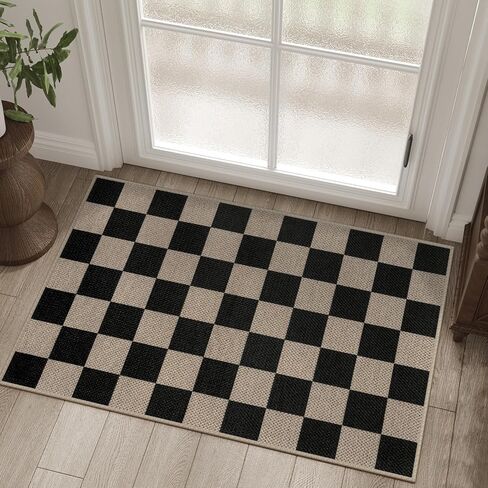 Easy Jute Checkered Entryway Rug, 2x3 Black Modern Indoor Outdoor Doormat, Washable Non-Slip Small Kitchen Rug Farmhouse Checkerboard Throw Rugs for Entrance Bedroom Bathroom in Saudi Arabia