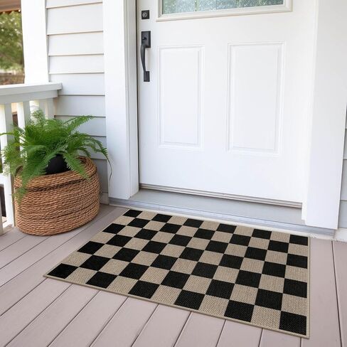 Easy Jute Checkered Entryway Rug, 2x3 Black Modern Indoor Outdoor Doormat, Washable Non-Slip Small Kitchen Rug Farmhouse Checkerboard Throw Rugs for Entrance Bedroom Bathroom in Saudi Arabia