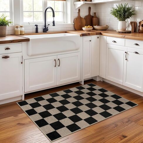 Easy Jute Checkered Entryway Rug, 2x3 Black Modern Indoor Outdoor Doormat, Washable Non-Slip Small Kitchen Rug Farmhouse Checkerboard Throw Rugs for Entrance Bedroom Bathroom in Saudi Arabia
