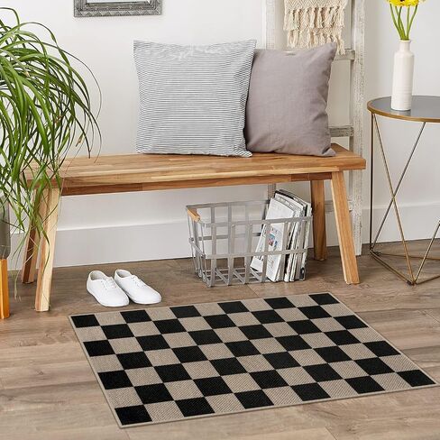 Easy Jute Checkered Entryway Rug, 2x3 Black Modern Indoor Outdoor Doormat, Washable Non-Slip Small Kitchen Rug Farmhouse Checkerboard Throw Rugs for Entrance Bedroom Bathroom in Saudi Arabia