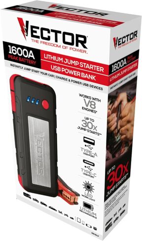 VECTOR SS16LV 1600 Peak Amp Lithium Jump Starter Battery Booster, USB-A and USB-C (3.1 Amps), Power in & Out, LED Work Light, & Heavy Duty Powder Coated Clamps in Saudi Arabia