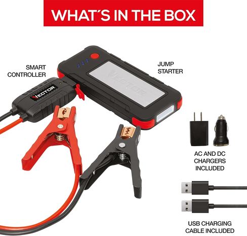 VECTOR SS16LV 1600 Peak Amp Lithium Jump Starter Battery Booster, USB-A and USB-C (3.1 Amps), Power in & Out, LED Work Light, & Heavy Duty Powder Coated Clamps in Saudi Arabia