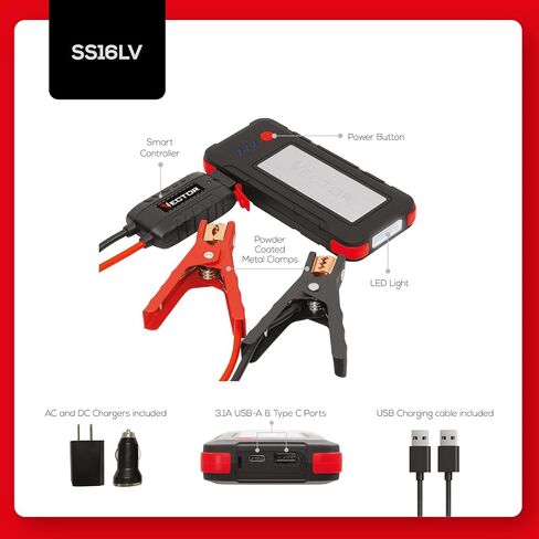 VECTOR SS16LV 1600 Peak Amp Lithium Jump Starter Battery Booster, USB-A and USB-C (3.1 Amps), Power in & Out, LED Work Light, & Heavy Duty Powder Coated Clamps in Saudi Arabia