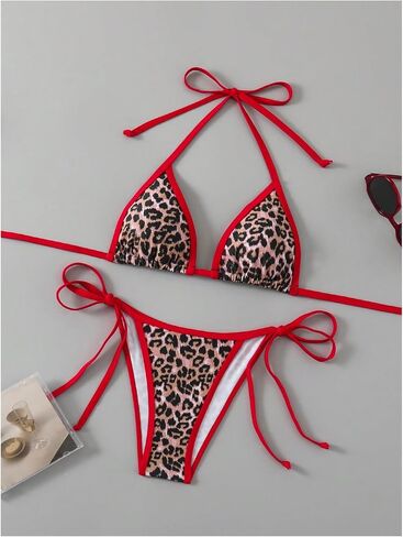 Verdusa Women's Leopard Print Sexy Halter Triangle Bikini Sets Colorblock Tie Side 2 Piece Bathing Suits in Saudi Arabia