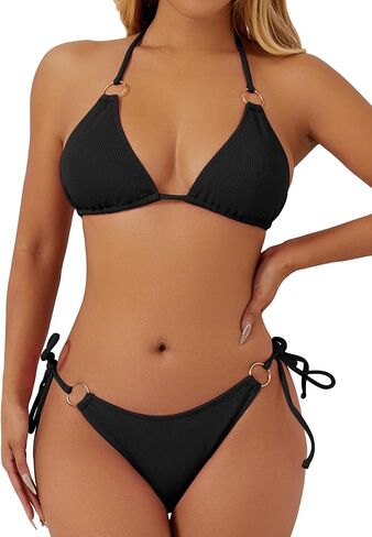 swimall Women's String Bikini Set Sexy Tie Side Two Piece Swimsuit Cute Triangle Halter Bathing Suit in Kuwait