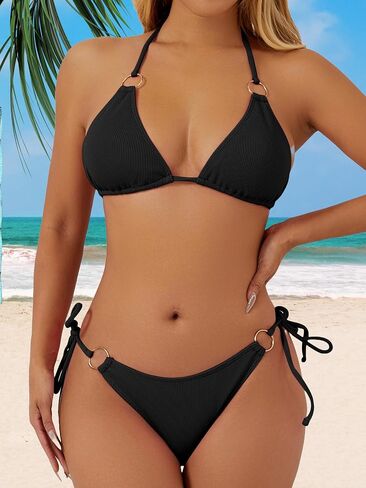 swimall Women's String Bikini Set Sexy Tie Side Two Piece Swimsuit Cute Triangle Halter Bathing Suit in Kuwait