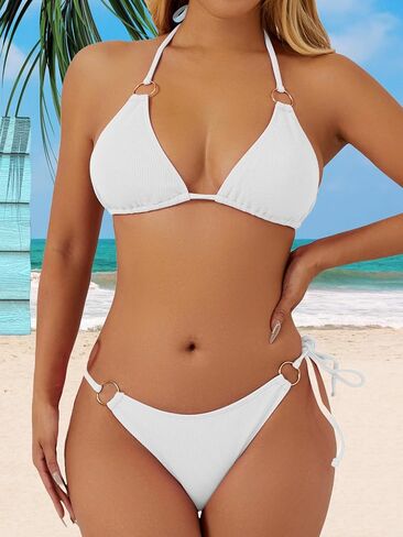 swimall Women's String Bikini Set Sexy Tie Side Two Piece Swimsuit Cute Triangle Halter Bathing Suit in Kuwait