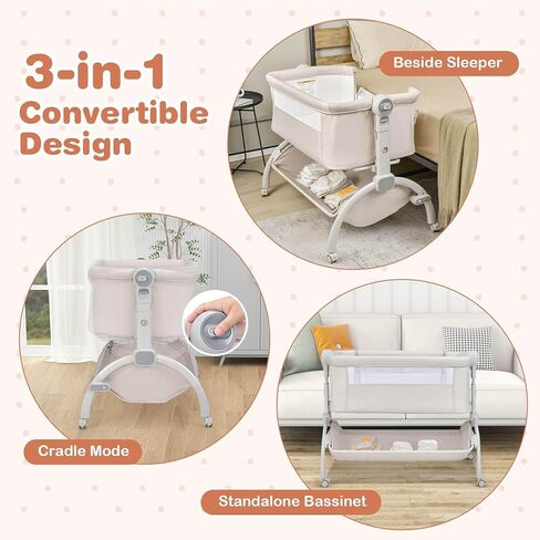 BABY JOY Baby Bassinet, 3-in-1 Rocking Bassinet w/Storage Basket, Double-Lock Design, 7 Adjustable Heights, Soft Mattress & Portable Travel Bag, Bassinet Bedside Sleeper for Newborns Infants (Beige) in Kuwait