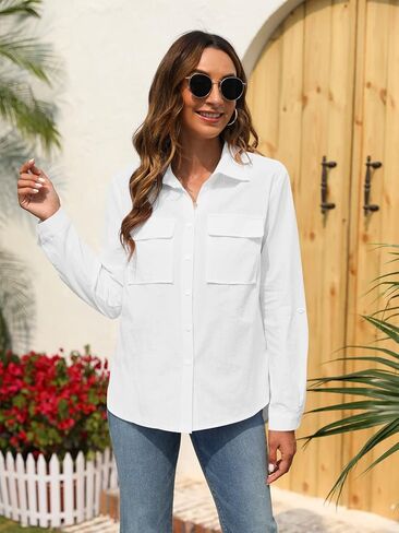 Runcati Womens Button Down Shirt Cotton Linen Long Sleeve V Neck Dress Shirts Casual Loose Roll Up Work Blouse Tops in Saudi Arabia