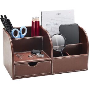 GALLAWAY LEATHER Desk Organizer Caddy- Mens Desk Organizer,Home Office Organization, Holds Business Card, Pen, Pencil, Mobile Phone,School Desk Supplies,Office Desk Accessories (Black,Small)