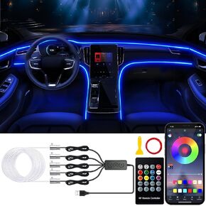 مصابيح LED للسيارة، مصابيح داخلية للسيارة مع تطبيق لاسلكي/جهاز تحكم عن بعد RF/زر التحكم، مجموعة الإضاءة المحيطة بالسيارة مع 236 بوصة من الألياف الضوئية المدمجة RGB مزامنة للموسيقى (ولاعة السجائر)