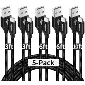 etguuds USB C Cable, 5-Pack (3/3/6/6/10 ft), USB to USB C Cable Fast Charging Type C Charger Cord for iPhone 15, for Samsung Galaxy S24 S23 S22 S21 S20 A25 A54 A15 A14, Note, Flip, Pixel, Moto